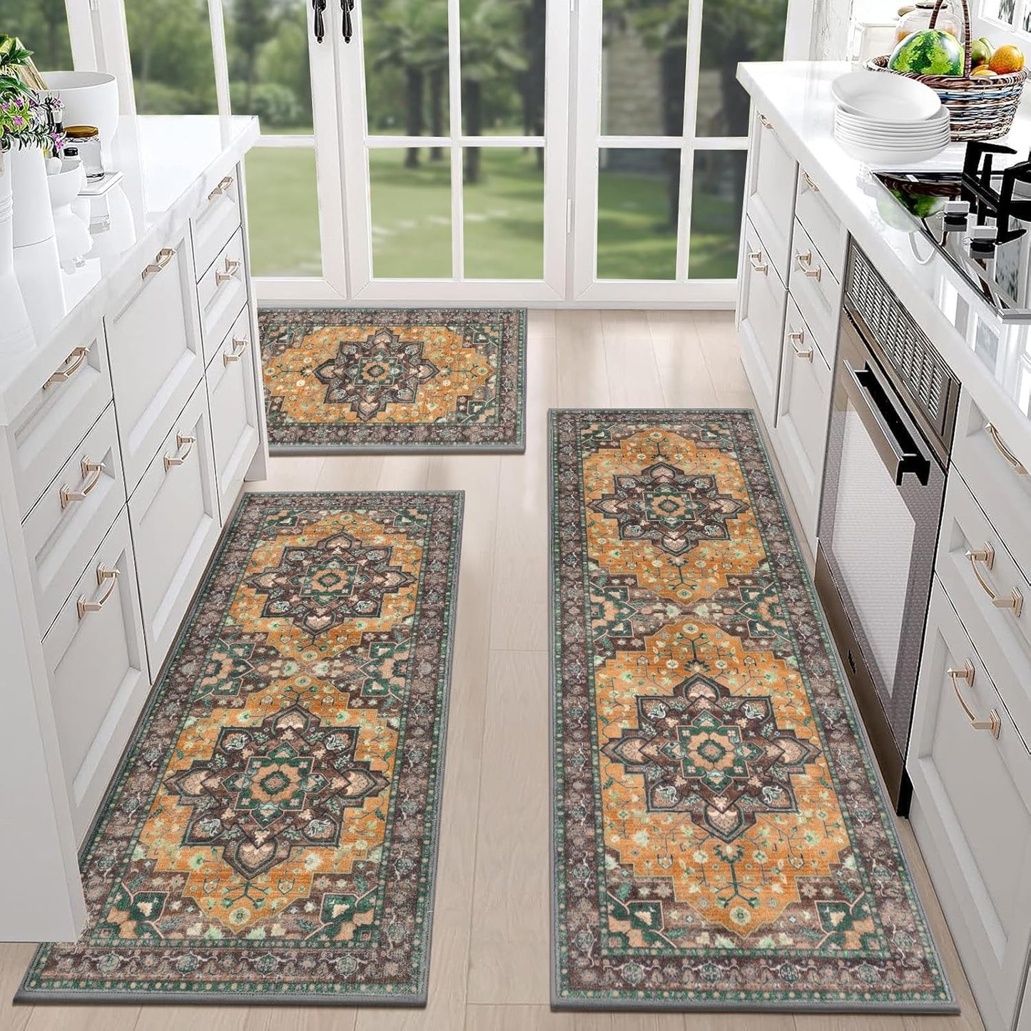 HEBE Farmhouse Kitchen Rugs Sets of 3 Non Slip Washable Boho Kitchen Rugs and Mats for Floor Kitchen Runner Rug Floor Carpet for Kitchen, Laundry, Hallways