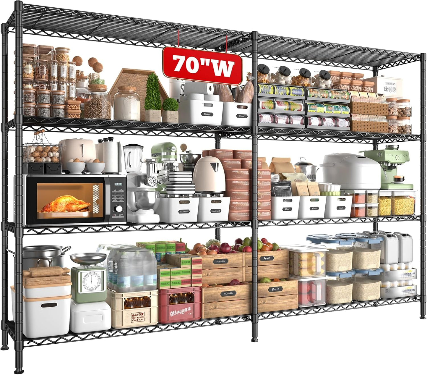 REIBII 70"W Storage Shelves Load 1600LBS, Metal Shelving 5-tier Wire Shelving Unit Metal Shelves for Storage Adjustable Garage Shelving for Pantry Kitchen Garage Commercial school 70"W*15.8"D*72.4"H