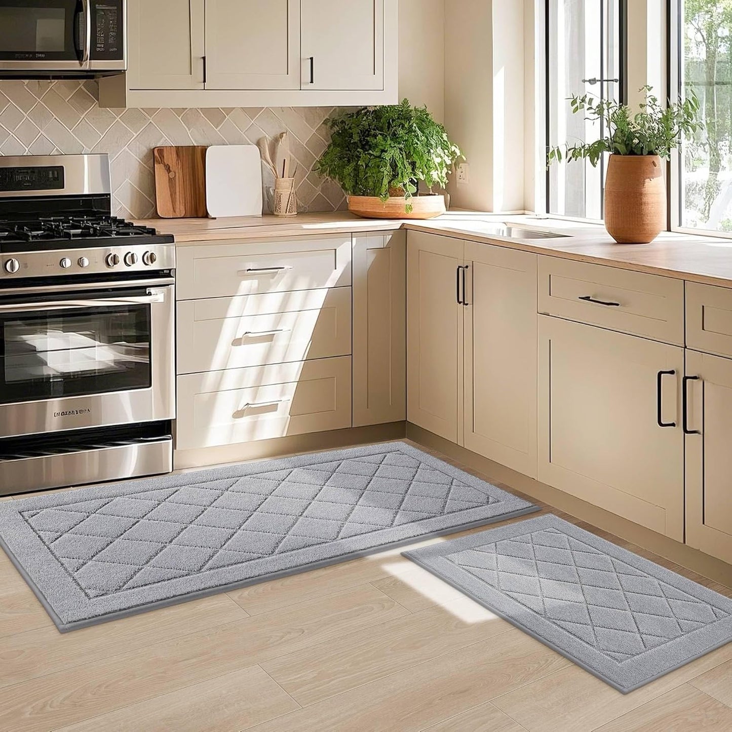 JSEI Non-Slip Kitchen Rugs, Self Adhesive No Sliding Kitchen Mats Set of 2, Soft Washable Absorbent Floor Mat for Kitchen, Bathroom, Laundry Room, Bedroom, 24”x36”+24”x60”, Beige, Diamond Pattern