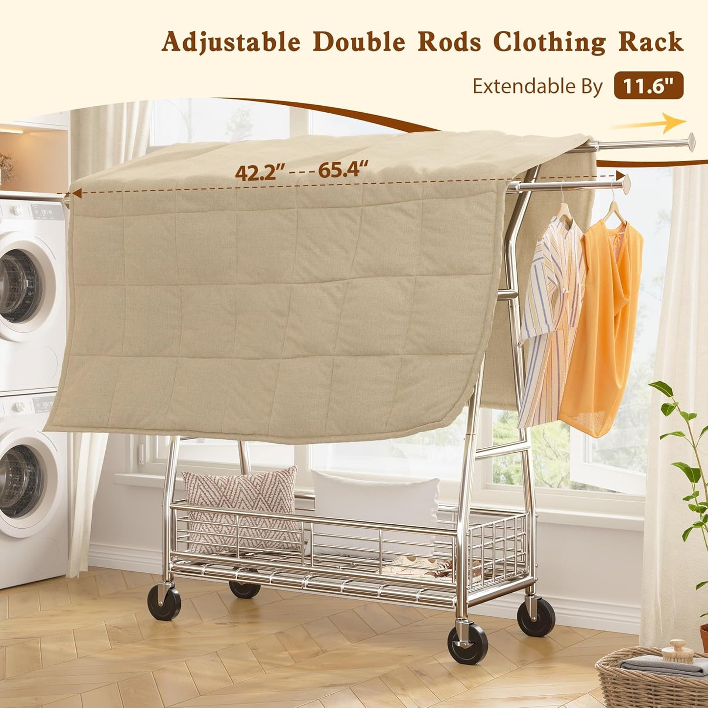 Raybee Heavy Duty Clothes Rack, 630LBS Clothing Rack with Sturdy Wheels and Shelves, Double Rods Clothing Racks for Hanging Clothes Commercial Portable Adjustable Garment Rack, Chrome