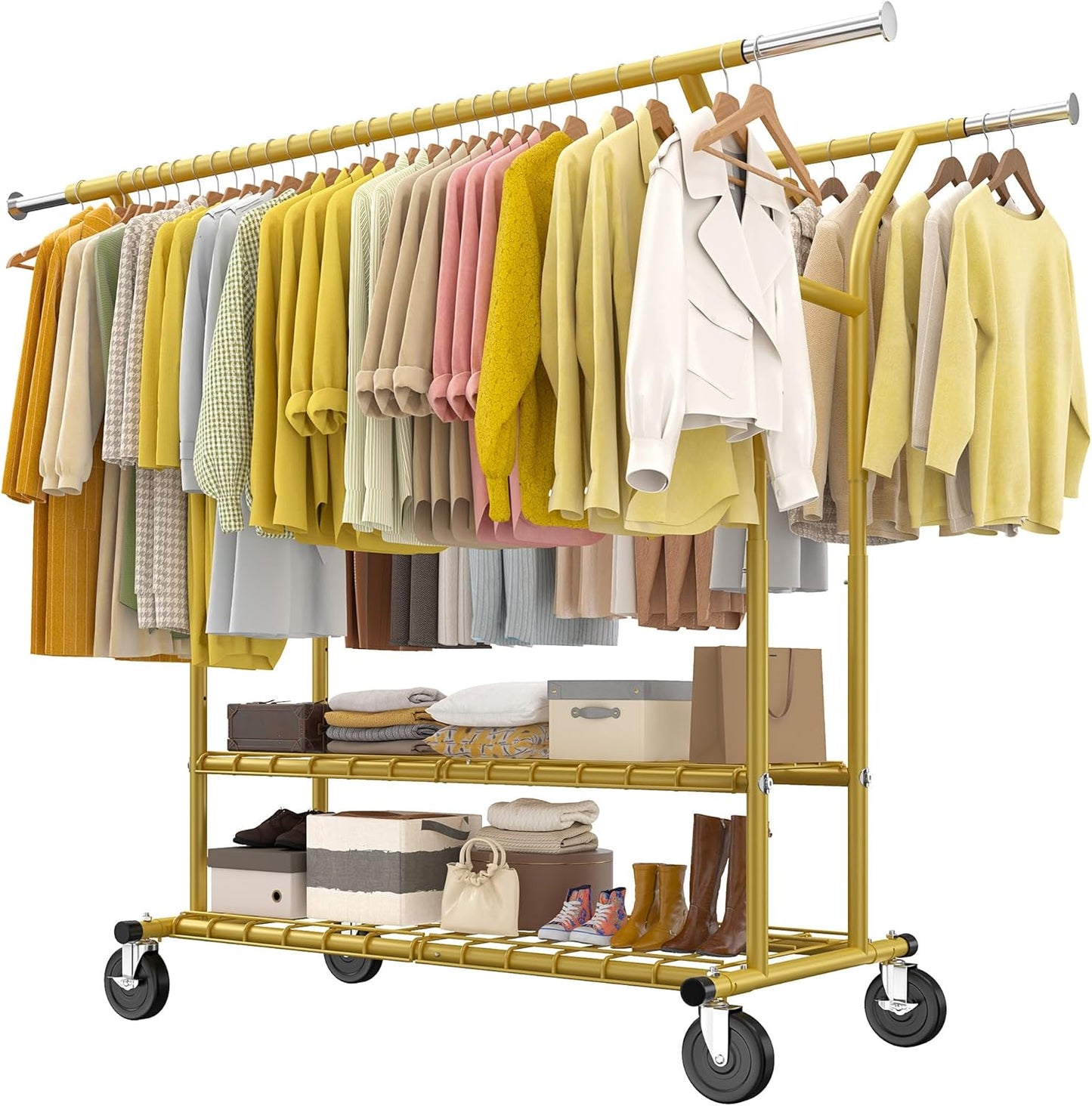 Raybee 74" W Heavy Duty Clothes Rack, Double Rods Clothing Rack Load 630 LBS, Rolling Clothes Racks for Hanging Clothes 400+, Garment Rack for Bedroom, Laundry Room, Retail Store