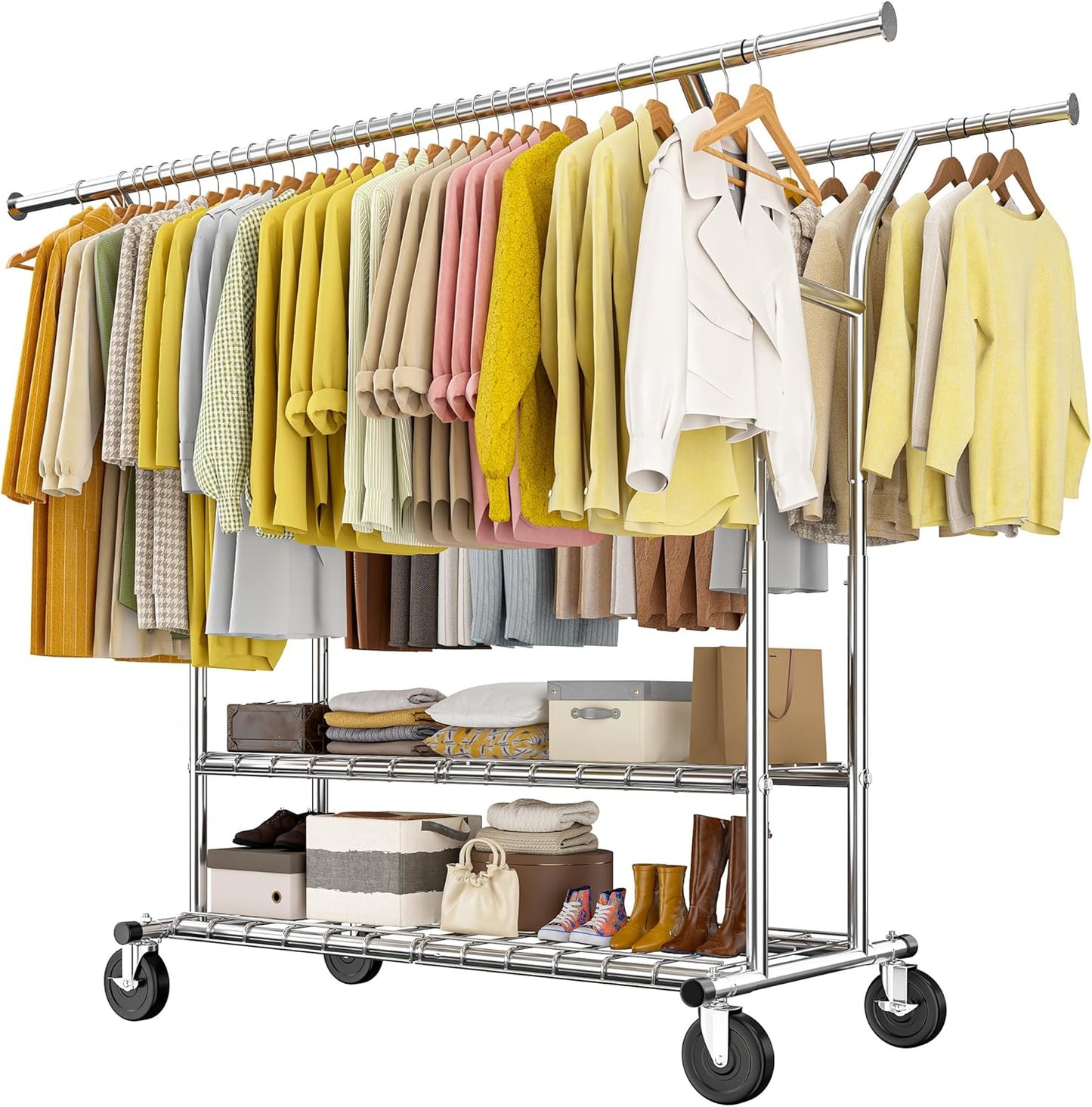 Raybee 74" W Heavy Duty Clothes Rack, Double Rods Clothing Rack Load 630 LBS, Rolling Clothes Racks for Hanging Clothes 400+, Garment Rack for Bedroom, Laundry Room, Retail Store
