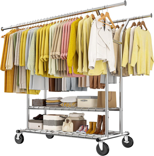 Raybee 74" W Heavy Duty Clothes Rack, Double Rods Clothing Rack Load 630 LBS, Rolling Clothes Racks for Hanging Clothes 400+, Garment Rack for Bedroom, Laundry Room, Retail Store