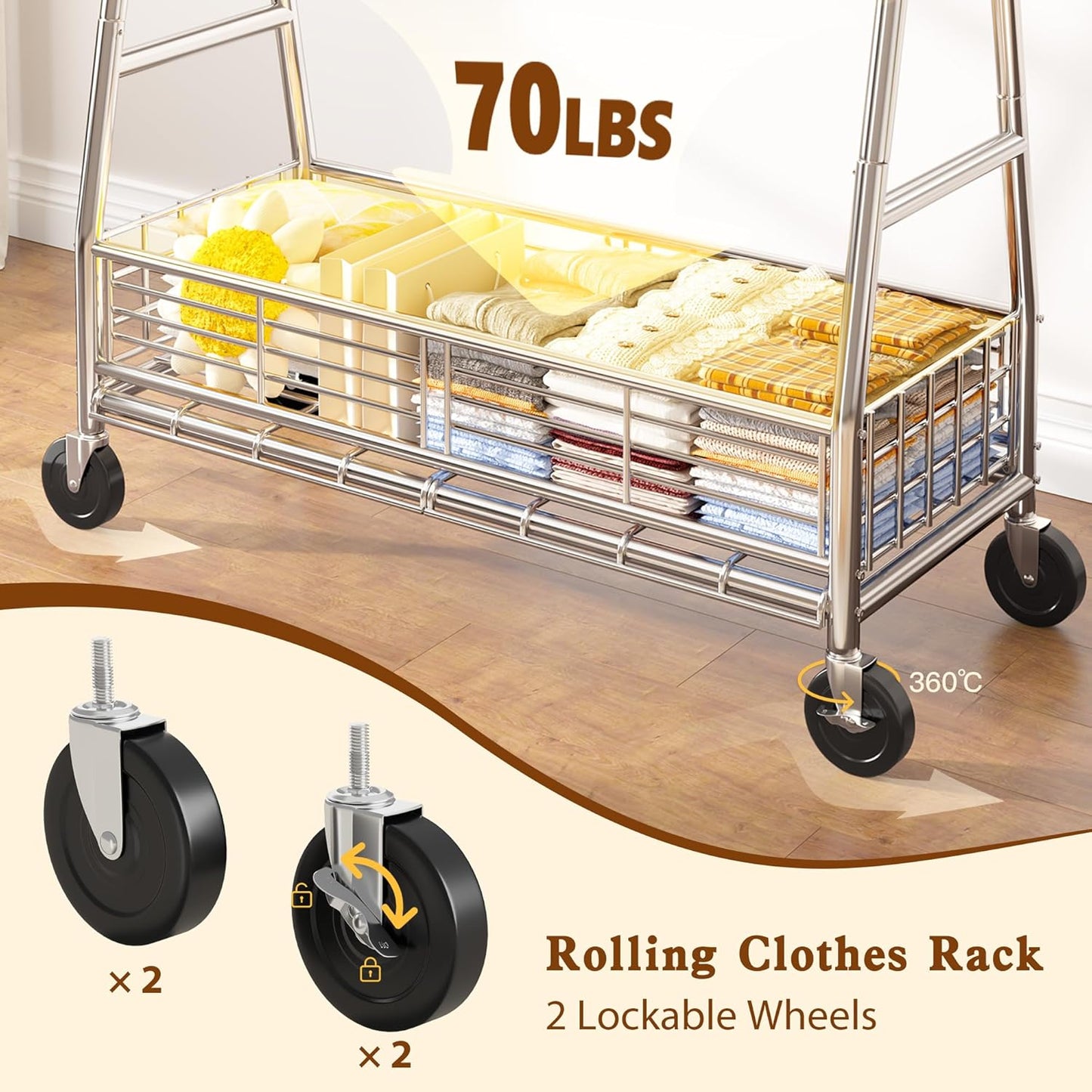 Raybee Heavy Duty Clothes Rack, 630LBS Clothing Rack with Sturdy Wheels and Shelves, Double Rods Clothing Racks for Hanging Clothes Commercial Portable Adjustable Garment Rack, Chrome