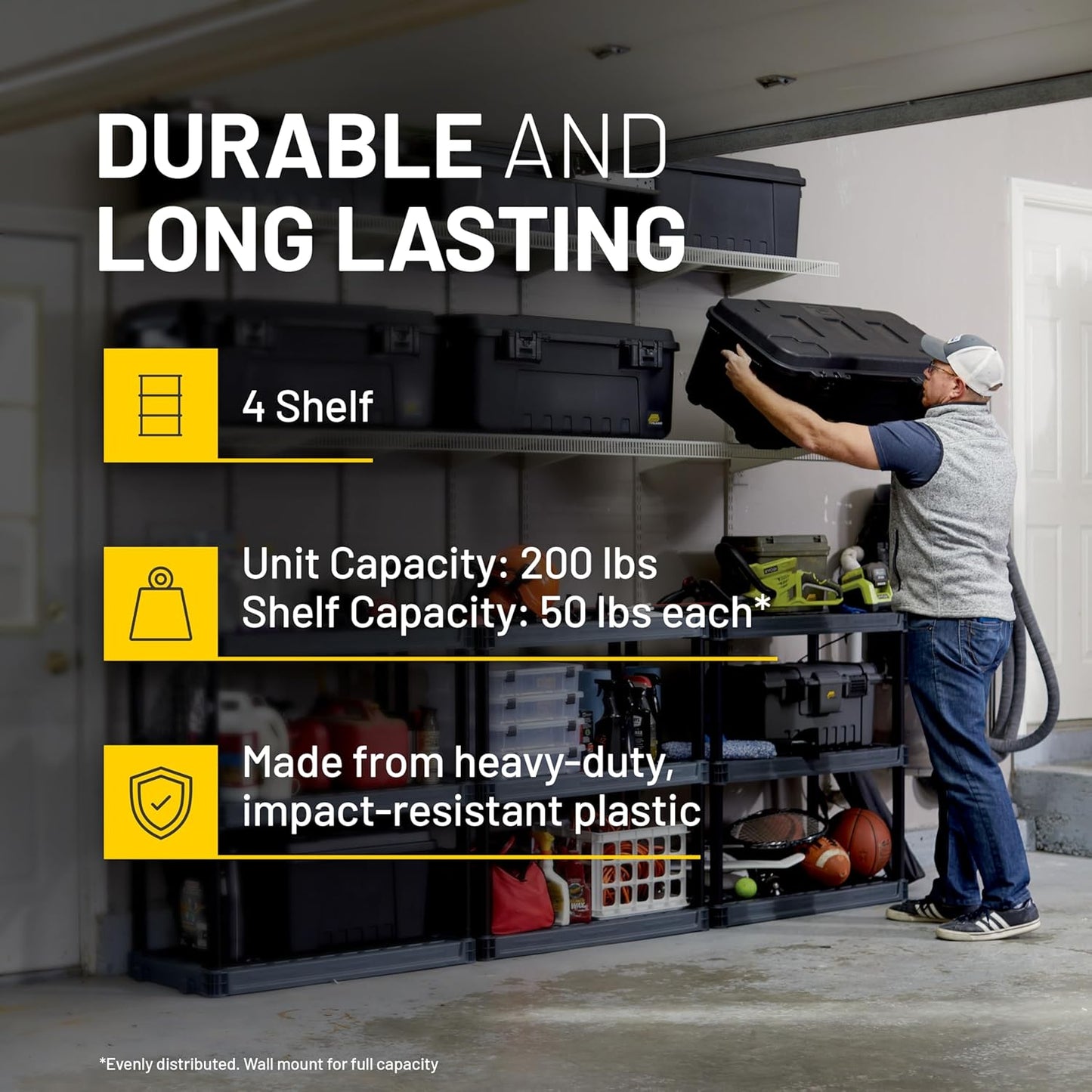 Plano 4-Shelf Plastic Storage Shelves, 48” x 23” x 14”, 200lb Capacity, Pantry, Office, Closet and Garage Shelves, Easy to Assemble, Durable Plastic Shelving Unit