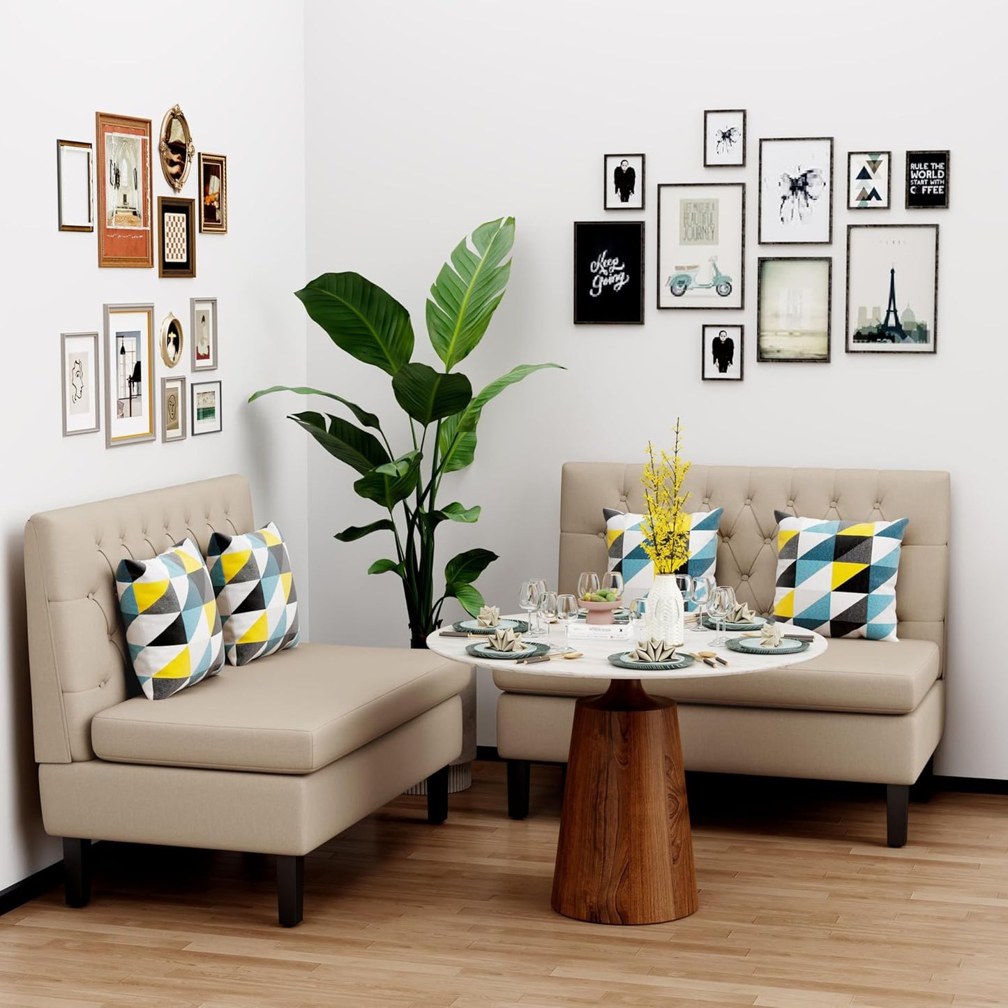 Yongqiang Modern Upholstered Settee with Back Small Loveseat Sofa Dining Bench Banquette Seating for Kitchen Dining Room Living Room Linen Button Tufted Mini Couch Khaki