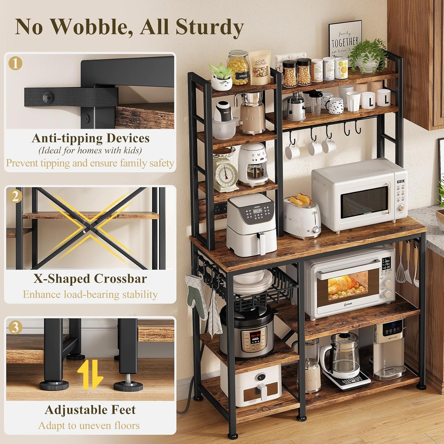 Baker Rack with Power Outlet - Microwave Stand with Storage, Large Coffee Bar Station with 14 Hooks, Metal Kitchen Shelf Rack for Spices, Pots (Rustic Brown)