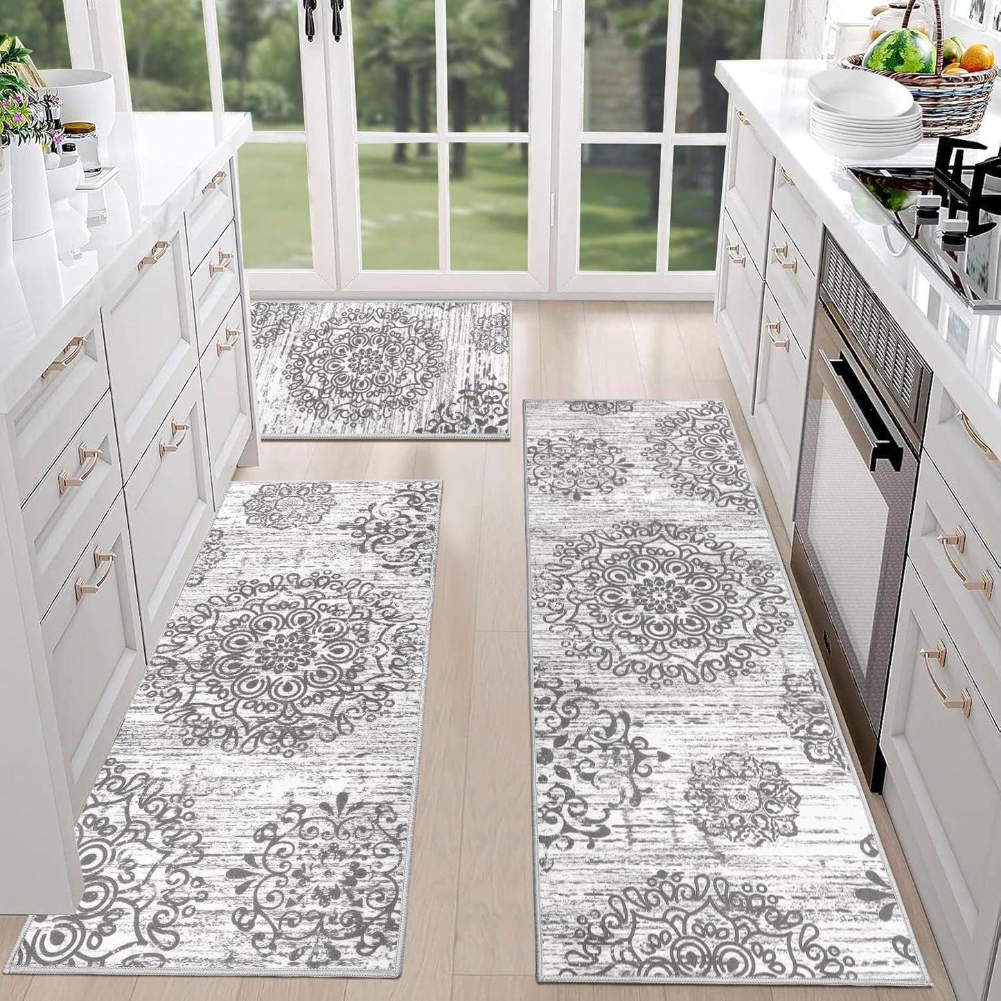 HEBE Farmhouse Kitchen Rugs Sets of 3 Non Slip Washable Boho Kitchen Rugs and Mats for Floor Kitchen Runner Rug Floor Carpet for Kitchen, Laundry, Hallways