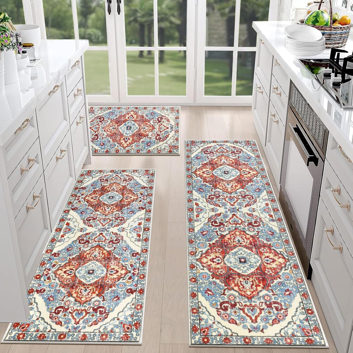 HEBE Farmhouse Kitchen Rugs Sets of 3 Non Slip Washable Boho Kitchen Rugs and Mats for Floor Kitchen Runner Rug Floor Carpet for Kitchen, Laundry, Hallways