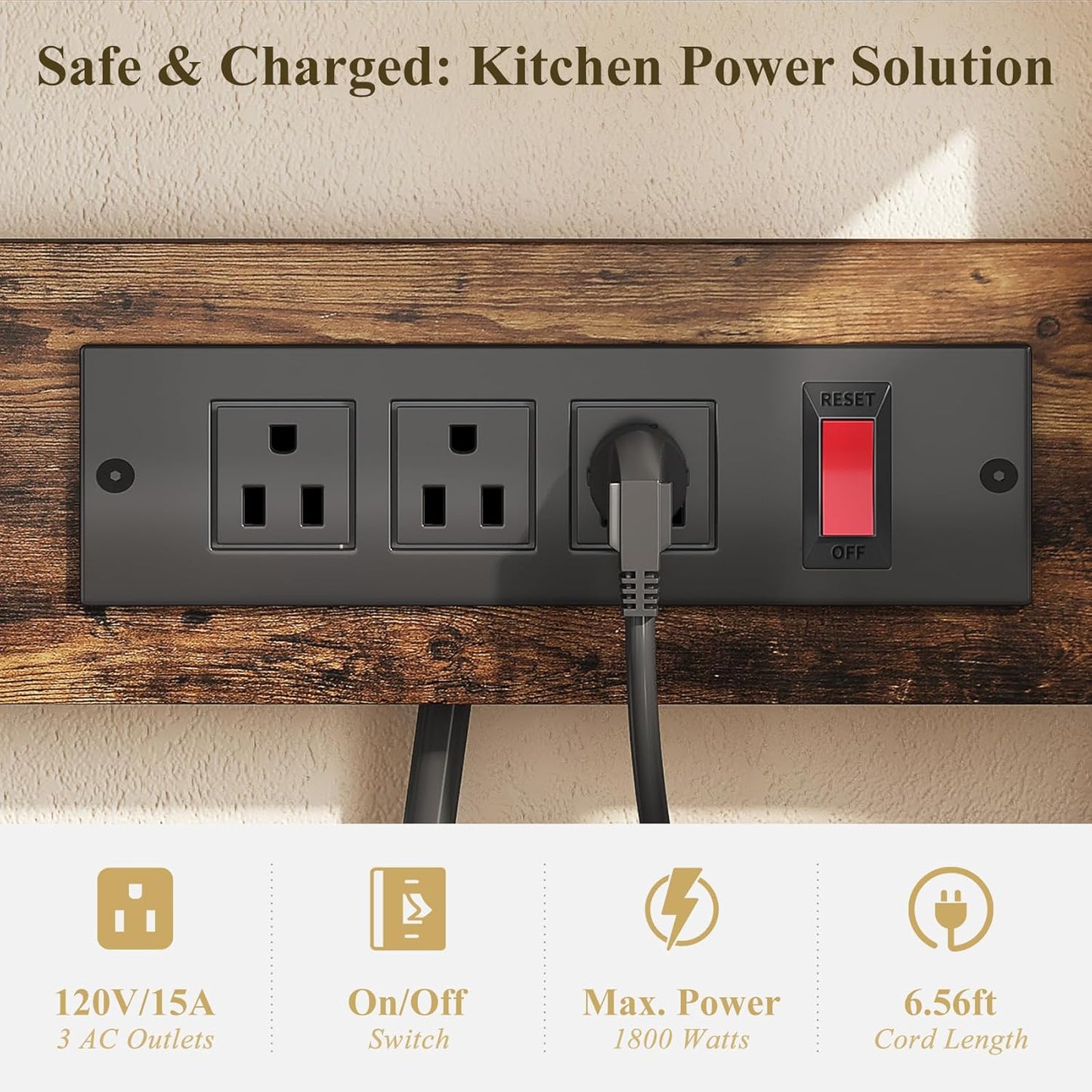 Baker Rack with Power Outlet - Microwave Stand with Storage, Large Coffee Bar Station with 14 Hooks, Metal Kitchen Shelf Rack for Spices, Pots (Rustic Brown)