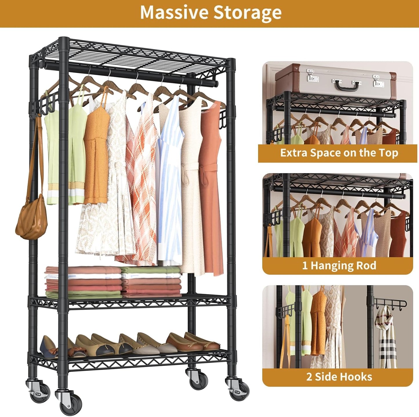 Heavy Duty Clothes Rack Rolling Garment Rack,3 Tier Adjustable Wire Shelving Clothing Racks for Hanging Clothes with Hanger Rod&Side Hooks,Freestanding Wardrobe Storage Rack Metal Portable Closet