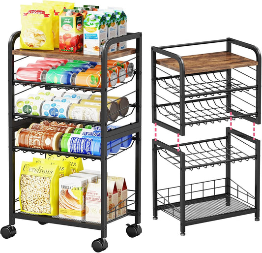SWTYMIKI Can Organizer for Pantry - Stackable Rolling Snack Cart, Soda Can Organizer, Multi-Functional Shelf with Adjustable Wheels for Kitchen, Office, Living Room, Black