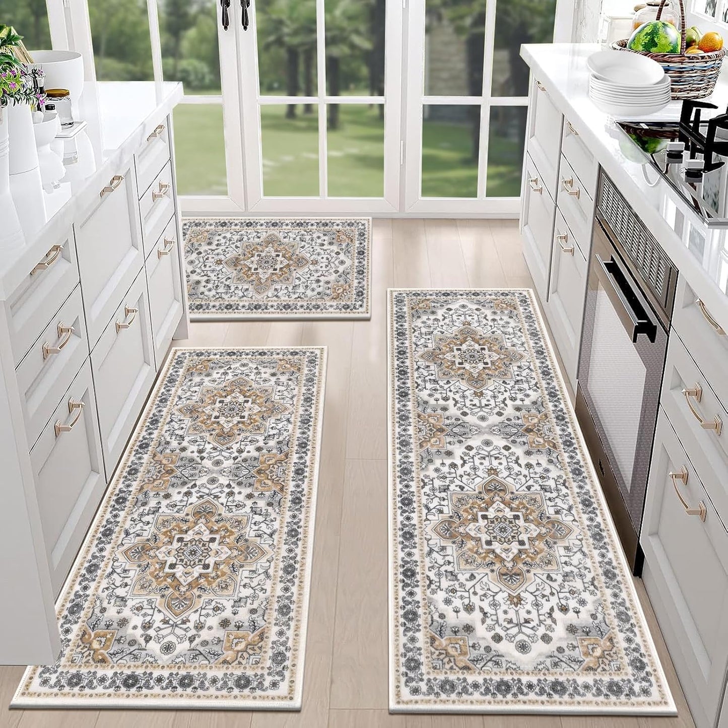 HEBE Farmhouse Kitchen Rugs Sets of 3 Non Slip Washable Boho Kitchen Rugs and Mats for Floor Kitchen Runner Rug Floor Carpet for Kitchen, Laundry, Hallways