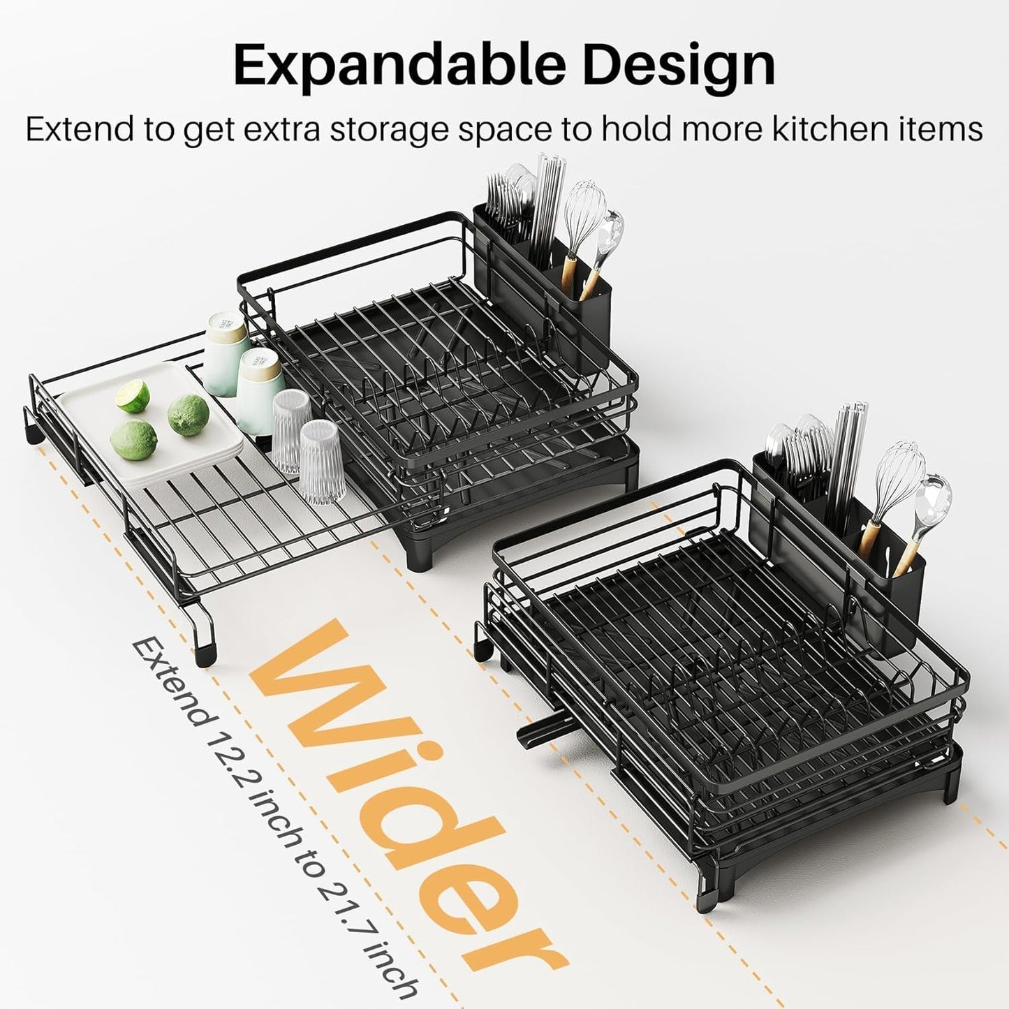SNTD Dish Drying Rack - Extendable Dish Rack, Large Sink Drying Dish Drainer for Kitchen Counter, Stainless Steel Dish Strainer with Utensil Holder (Black)