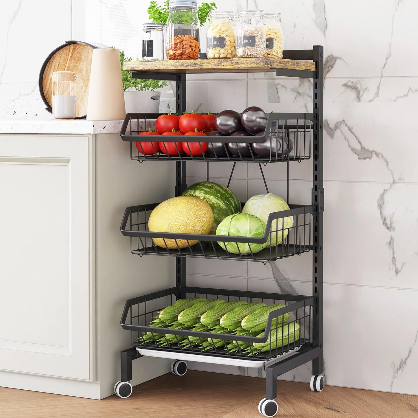 COVAODQ Snack Cart with Wheels 4-Tier Adjustable Fruit Rack Fruit Vegetable Basket Cart Metal Wire Storage Cart Rolling Pantry Utility Kitchen Cart