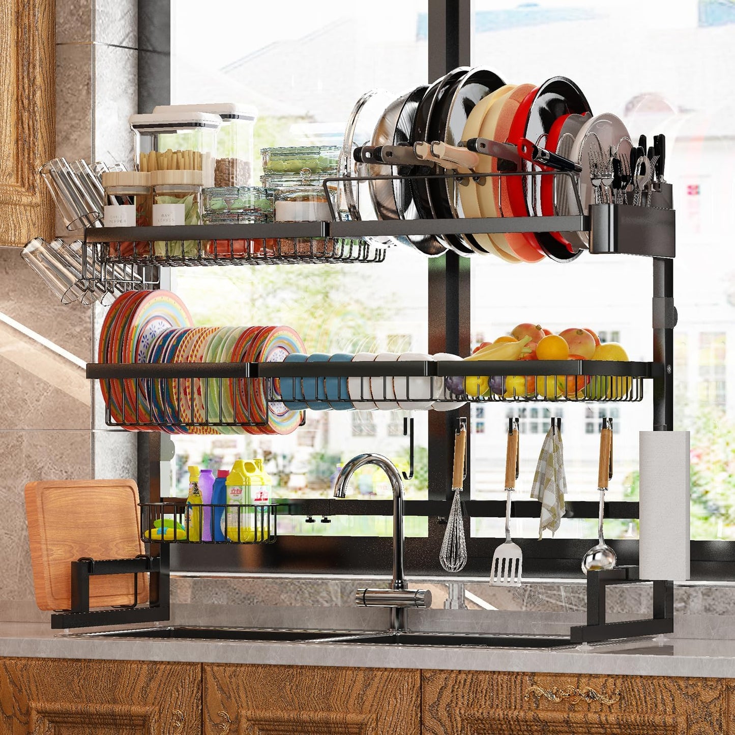 ADBIU Over The Sink Dish Drying Rack (Expandable Height and Length) Snap-On Design 2 Tier Large Dish Rack