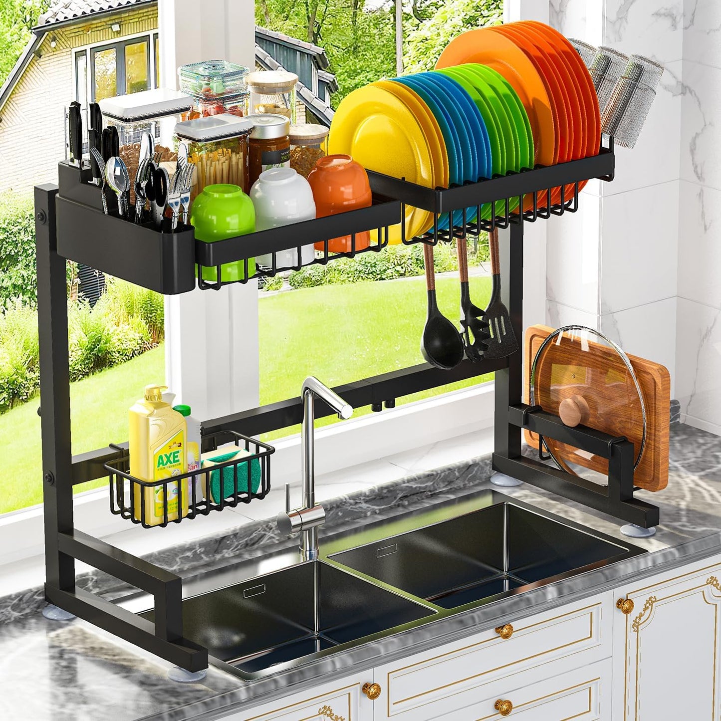 ADBIU Over The Sink Dish Drying Rack (Expandable Height and Length) Snap-On Design 2 Tier Large Dish Rack