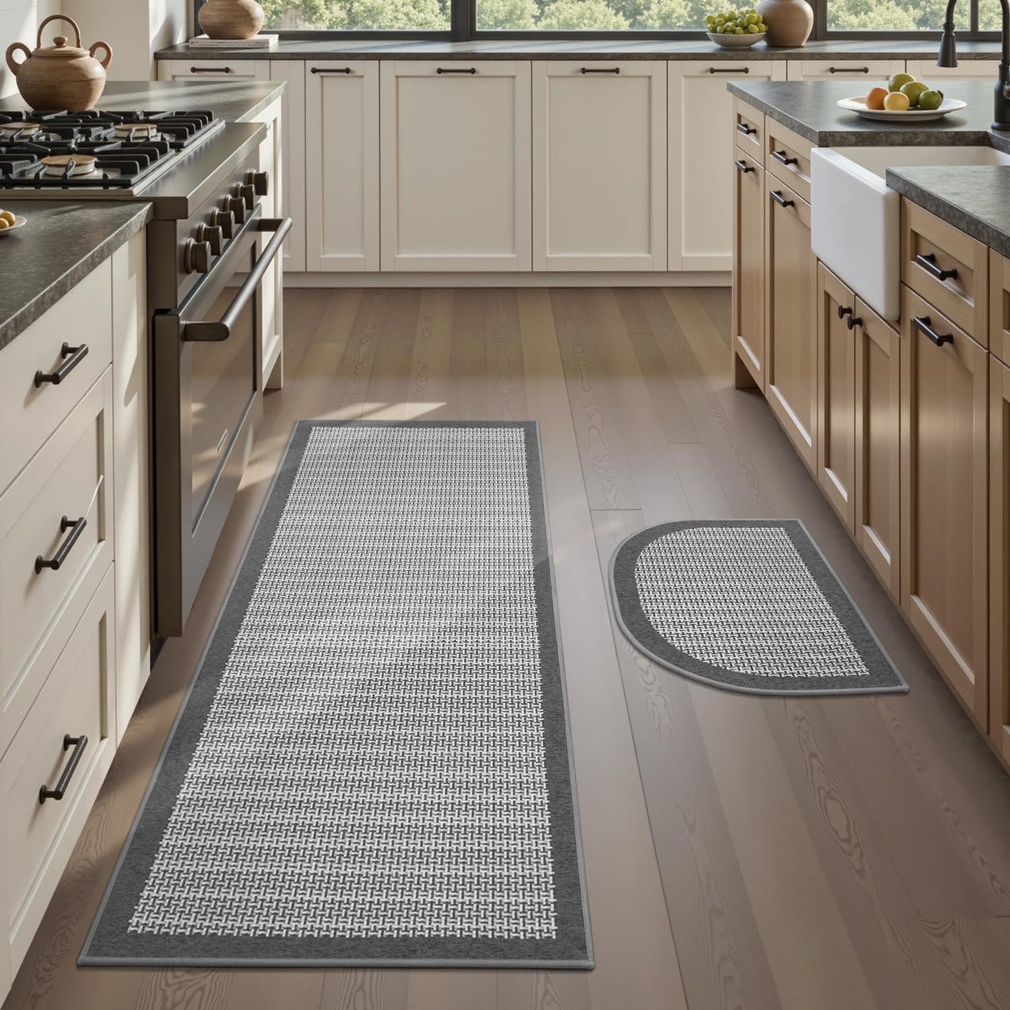 PADOOR Non Slip Kitchen Rugs Sets of 2 - Extra Large 2.5'x6' + 20"x32" Runner Rugs for Kitchen Floor Non Skid Washable, Absorbent Kitchen Mat for in Front of Sink 2 Piece Grey