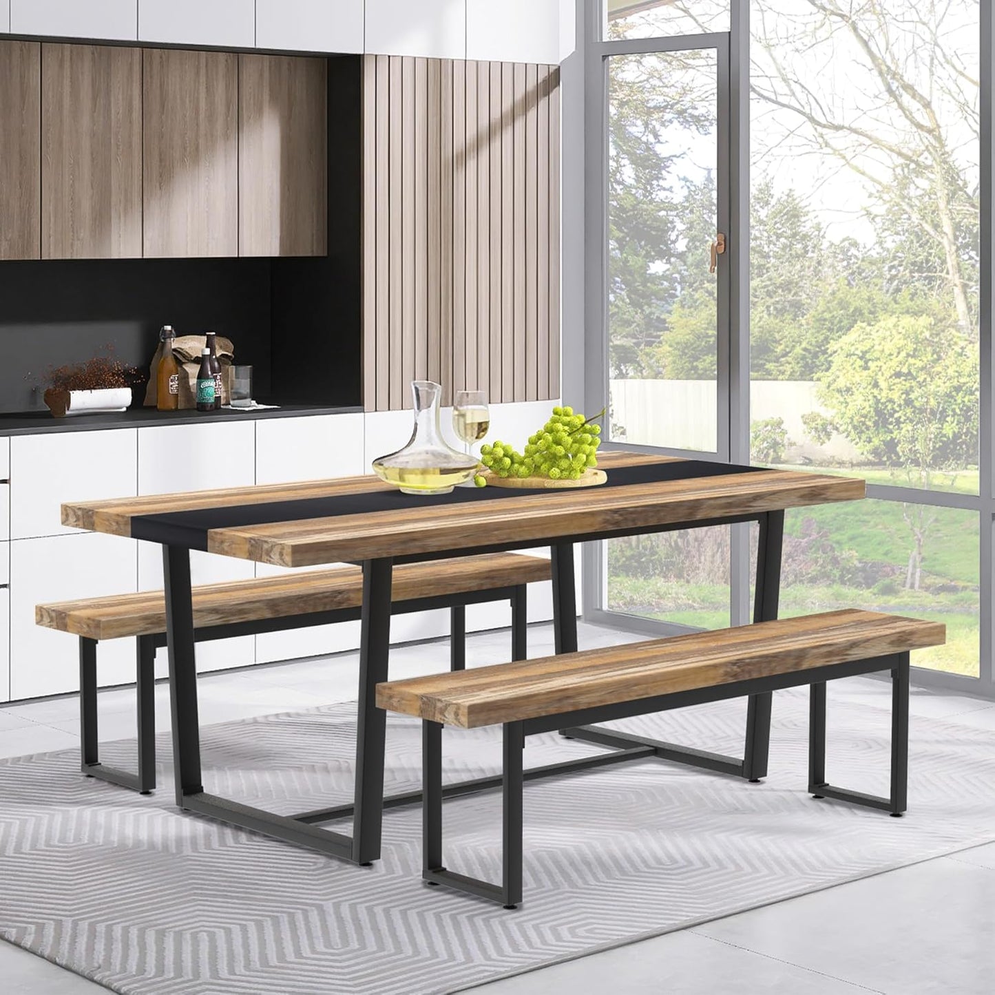 STHOUYN 59” Dining Bench Pair of 2 for 6-8 Person, Farmhouse Indoor Kitchen Table Benches, Bed Bench, Industrial Shoe Bench (Brown 2pcs)