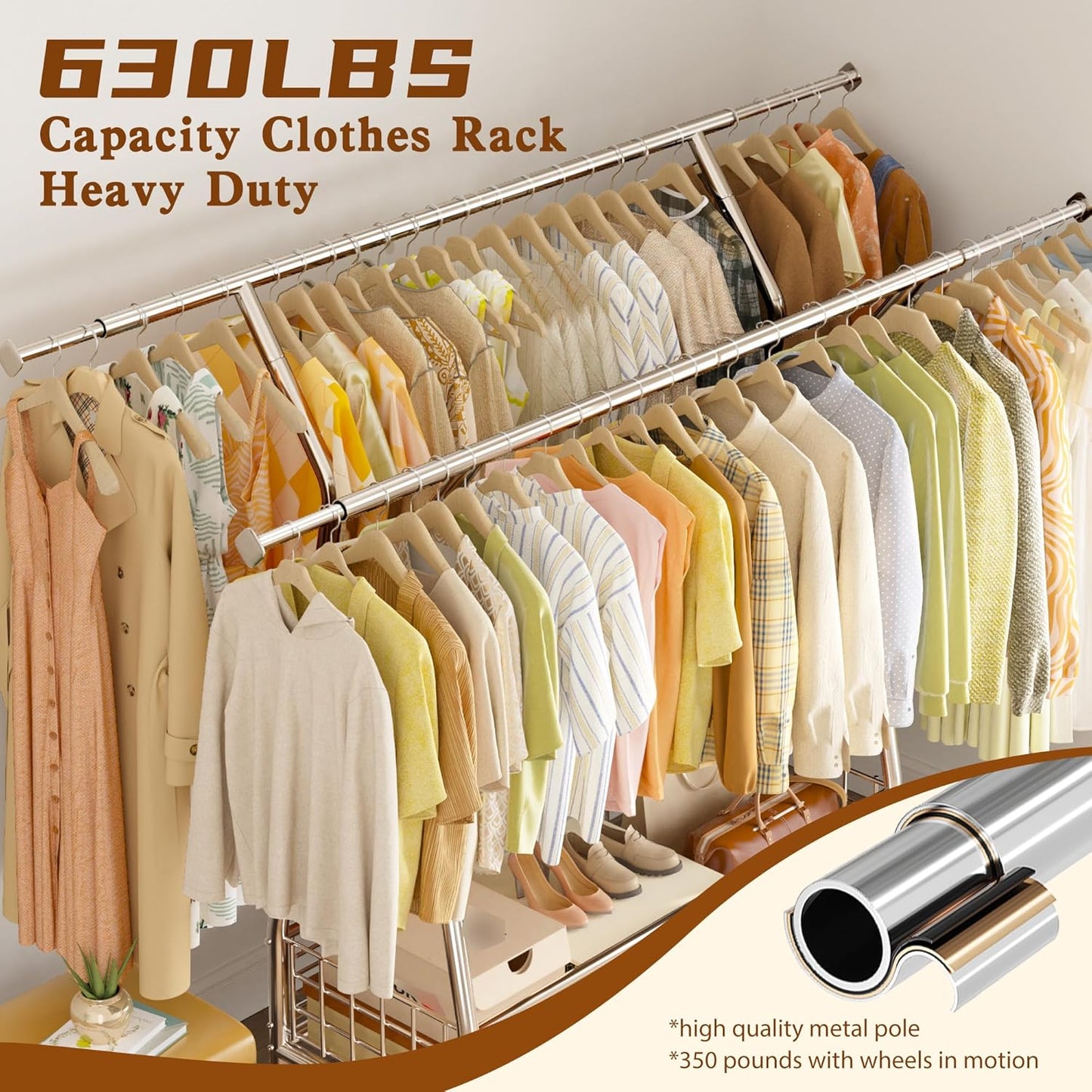 Raybee Heavy Duty Clothes Rack, 630LBS Clothing Rack with Sturdy Wheels and Shelves, Double Rods Clothing Racks for Hanging Clothes Commercial Portable Adjustable Garment Rack, Chrome