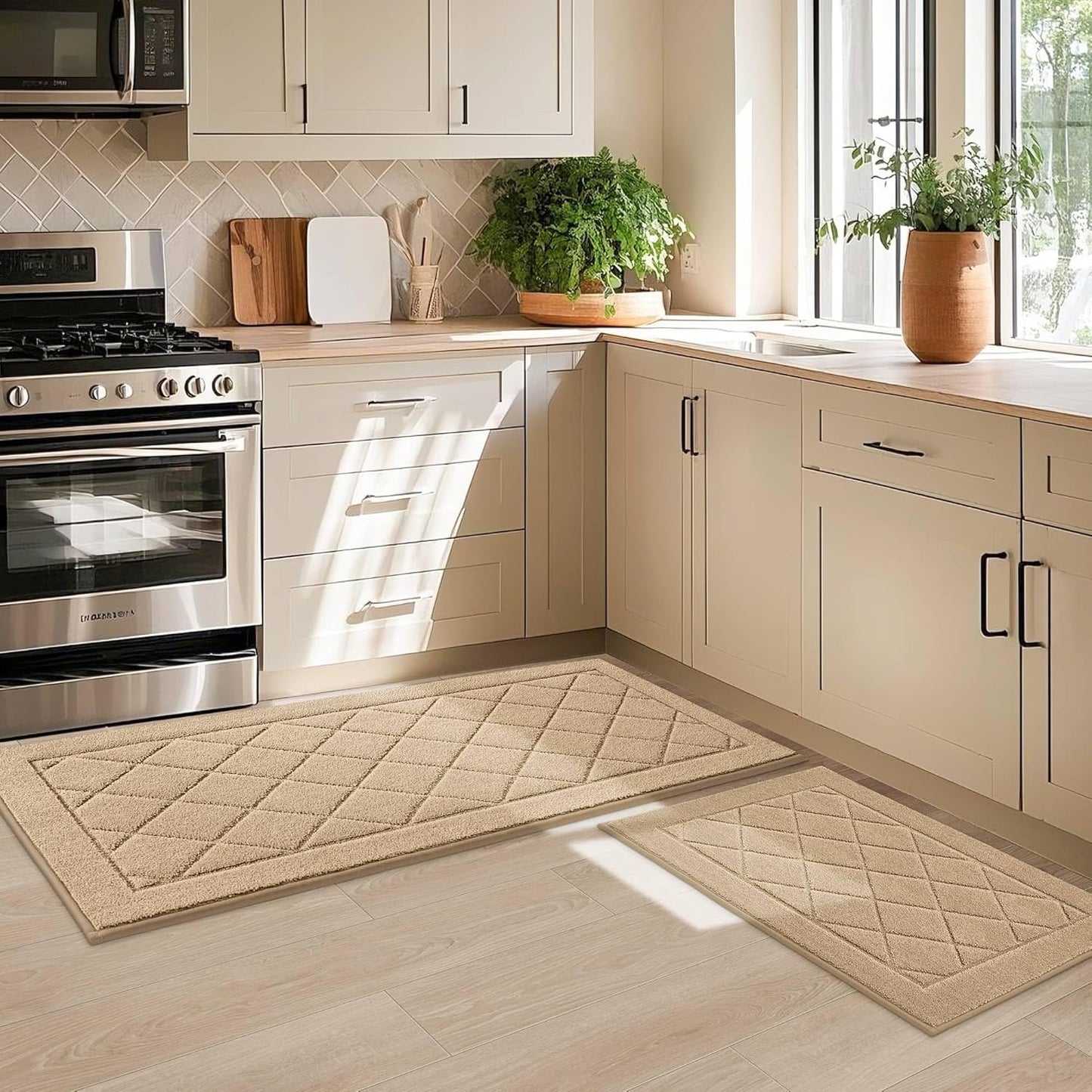 JSEI Non-Slip Kitchen Rugs, Self Adhesive No Sliding Kitchen Mats Set of 2, Soft Washable Absorbent Floor Mat for Kitchen, Bathroom, Laundry Room, Bedroom, 24”x36”+24”x60”, Beige, Diamond Pattern