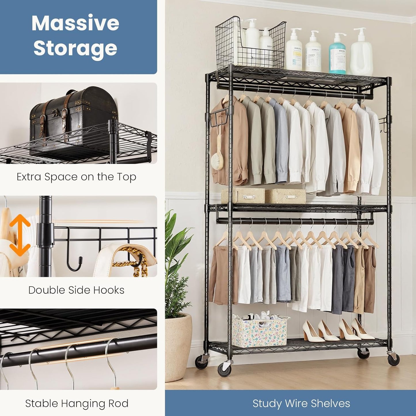 DUMOS Heavy Duty Rolling Garment Rack 3 Tiers Adjustable Wire Shelving with Side Hooks Portable Closets Freestanding Wardrobe with Lockable Wheels Double Hanger Rods for Hanging Clothes
