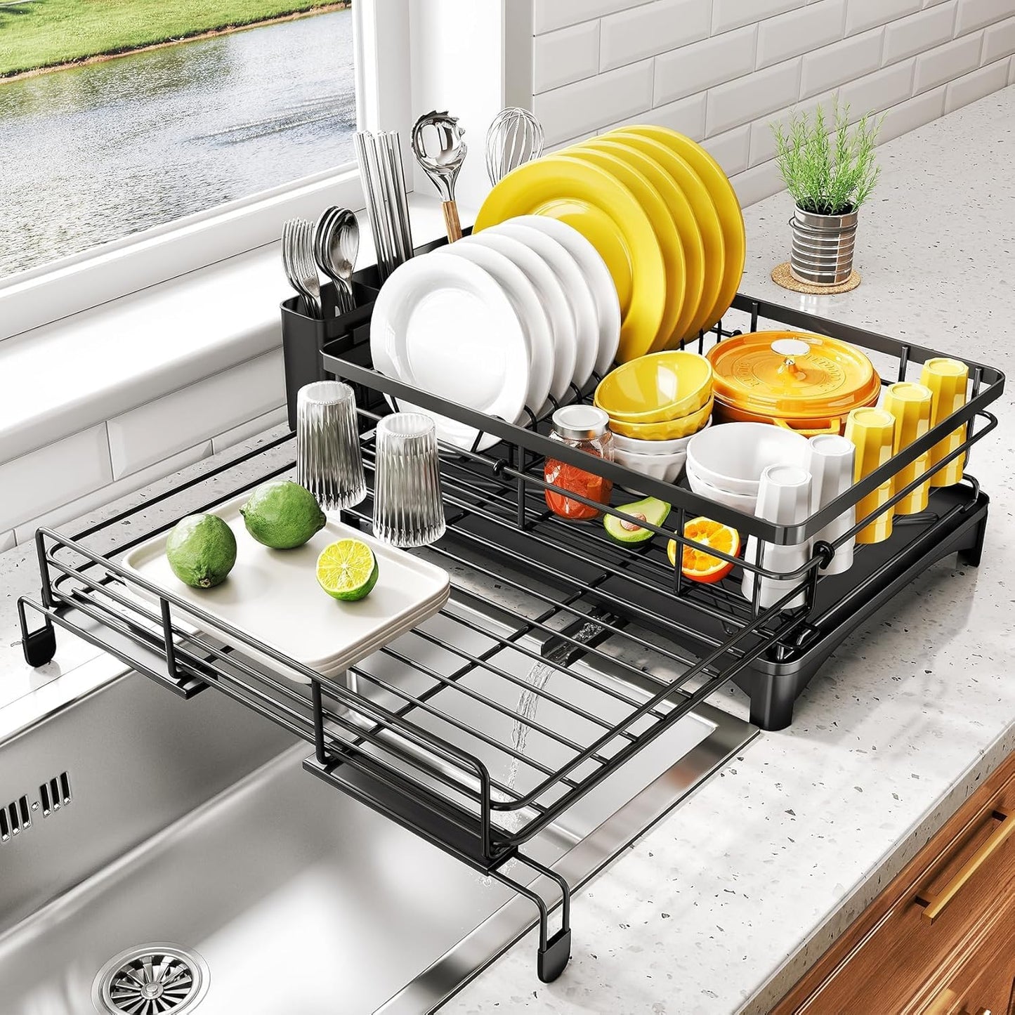 SNTD Dish Drying Rack - Extendable Dish Rack, Large Sink Drying Dish Drainer for Kitchen Counter, Stainless Steel Dish Strainer with Utensil Holder (Black)