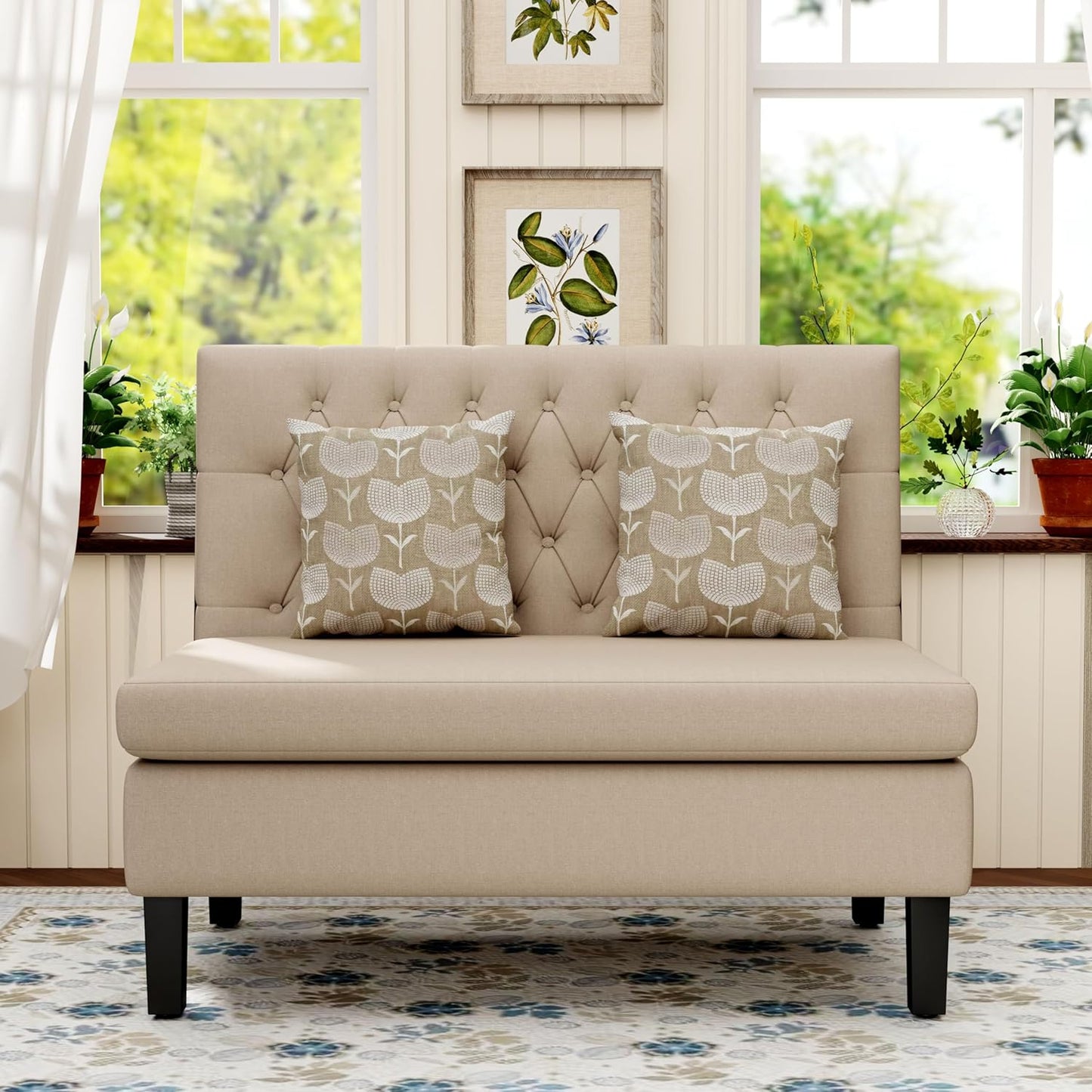 Yongqiang Modern Upholstered Settee with Back Small Loveseat Sofa Dining Bench Banquette Seating for Kitchen Dining Room Living Room Linen Button Tufted Mini Couch Khaki