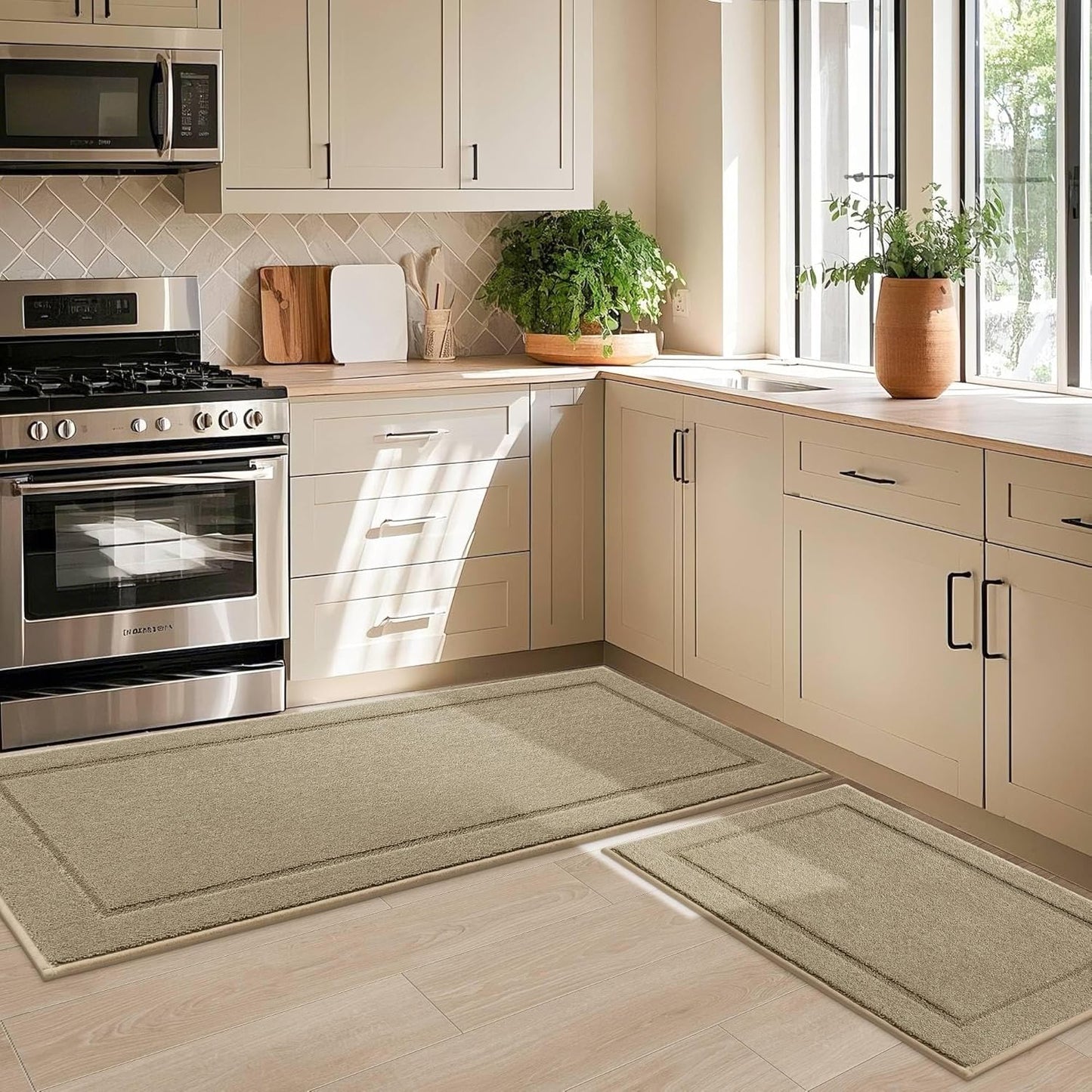 JSEI Non-Slip Kitchen Rugs, Self Adhesive No Sliding Kitchen Mats Set of 2, Soft Washable Absorbent Floor Mat for Kitchen, Bathroom, Laundry Room, Bedroom, 24”x36”+24”x60”, Beige, Diamond Pattern