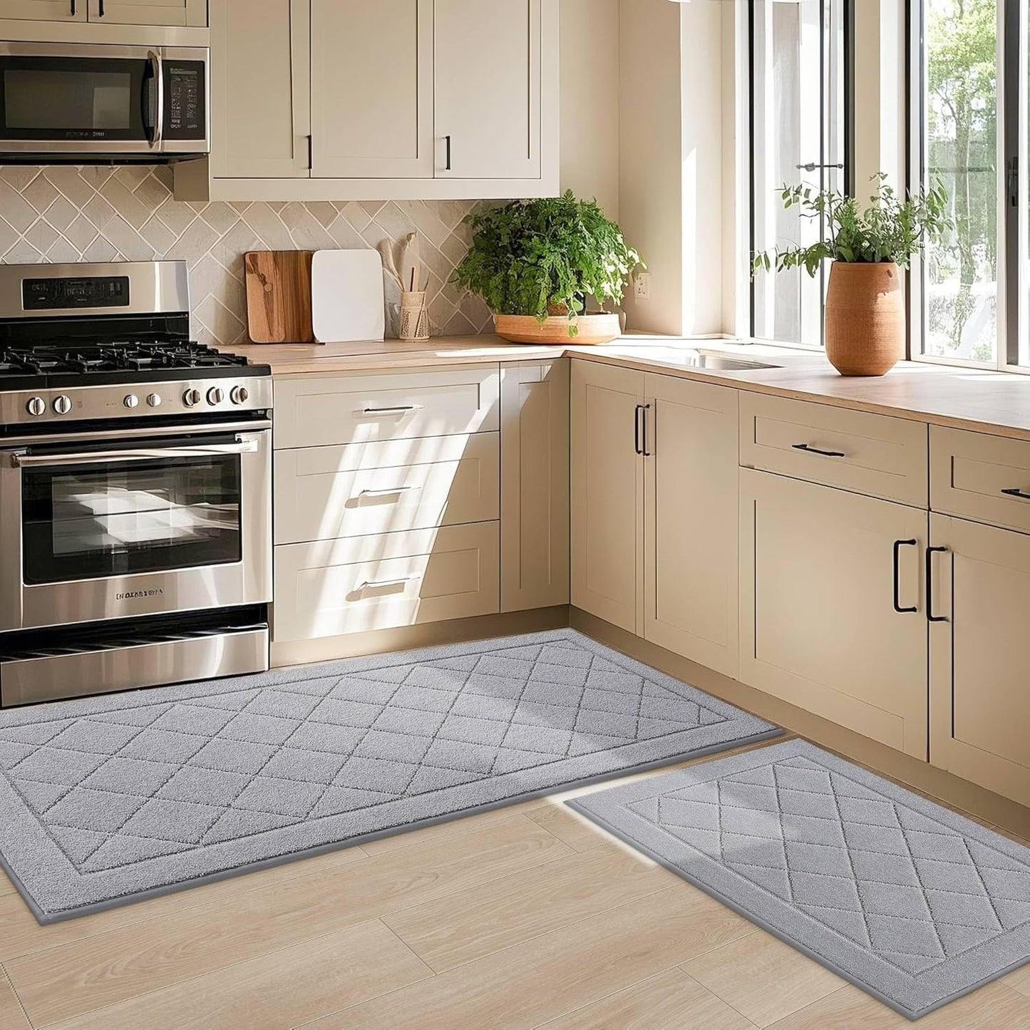 JSEI Non-Slip Kitchen Rugs, Self Adhesive No Sliding Kitchen Mats Set of 2, Soft Washable Absorbent Floor Mat for Kitchen, Bathroom, Laundry Room, Bedroom, 24”x36”+24”x60”, Beige, Diamond Pattern