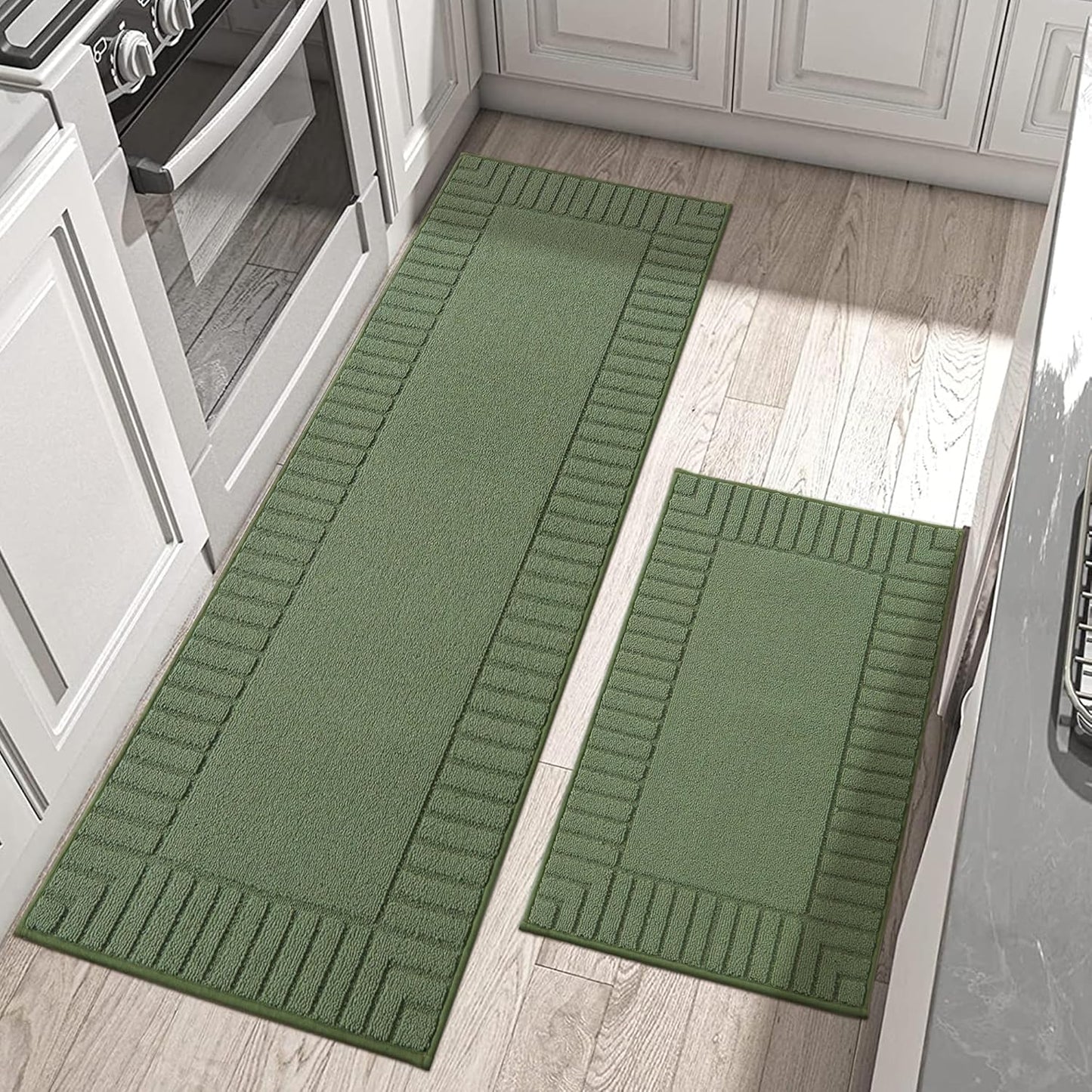 BEQHAUSE-Kitchen-Rugs-Non-Slip-Kitchen-Mats-for-Floor Machine Washable Kitchen Rugs 2 Pieces Kitchen Carpet Runner with TPR Backing,Green,24x35inch/24x60inch