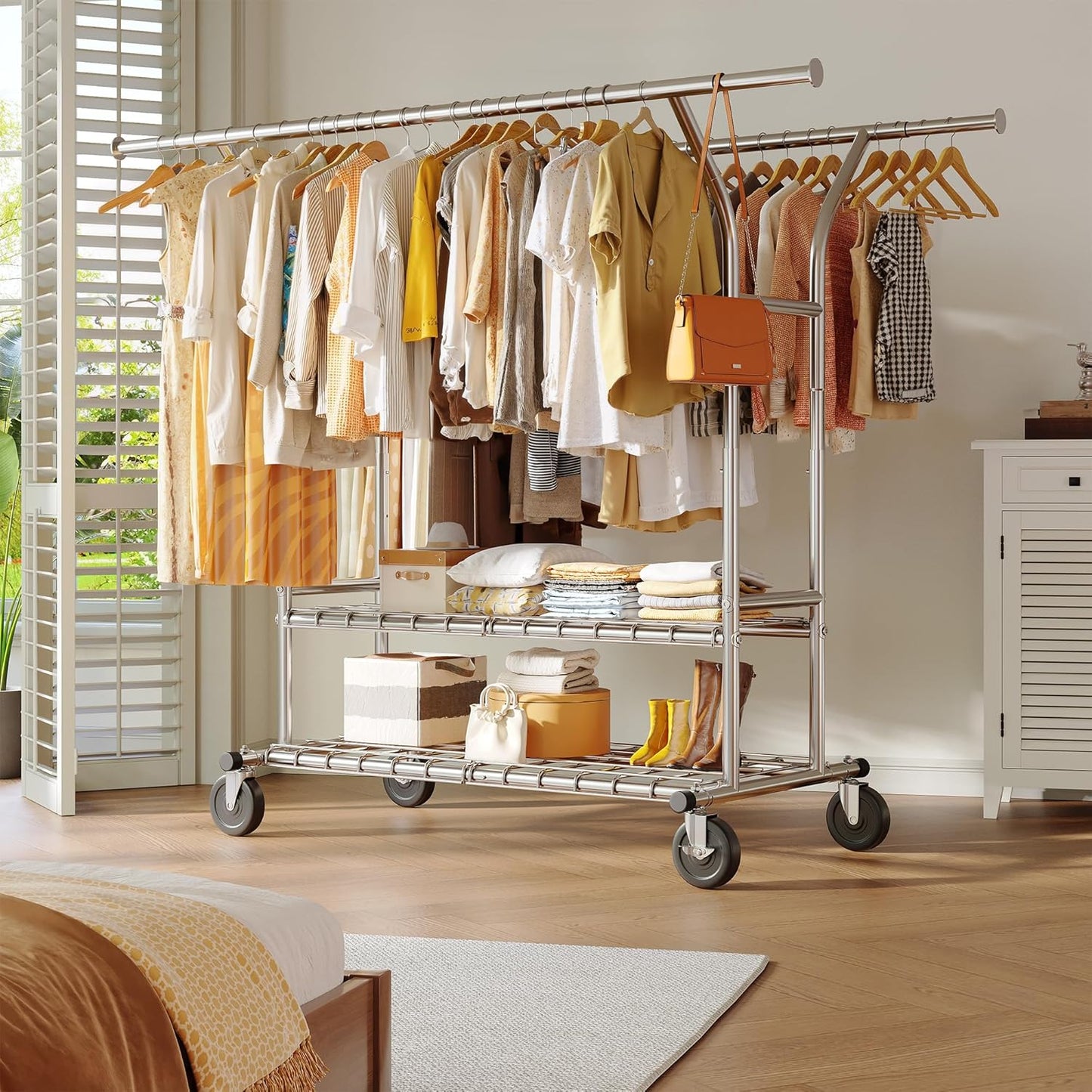 Raybee 74" W Heavy Duty Clothes Rack, Double Rods Clothing Rack Load 630 LBS, Rolling Clothes Racks for Hanging Clothes 400+, Garment Rack for Bedroom, Laundry Room, Retail Store